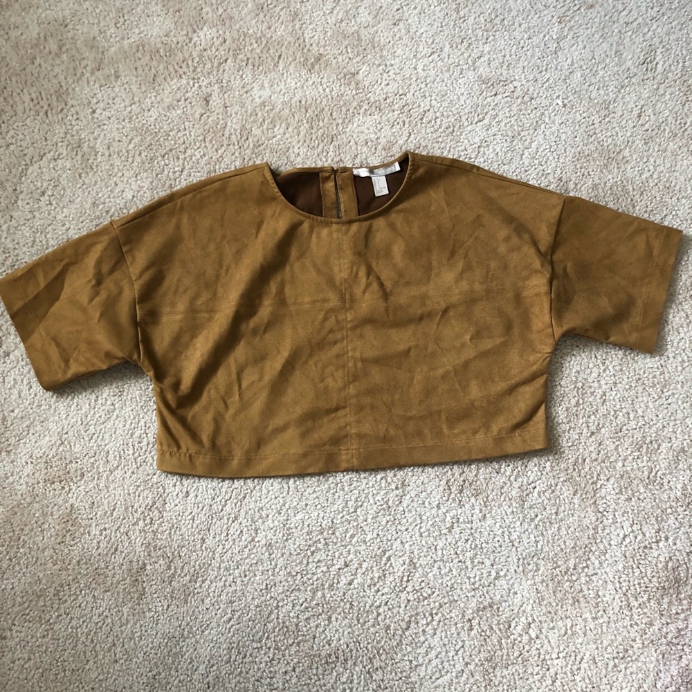 F21 BROWN SUEDE SHORT SLEEVE CROP TOP